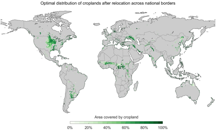 Bản đồ miêu tả cách phân bố đất trồng trọt tối ưu trên toàn thế giới. Khi đất được phân bố theo bản đồ này, “vết carbon” của  việc trồng trọt sẽ được cắt giảm 71%. Ảnh: Đại học Cambridge.